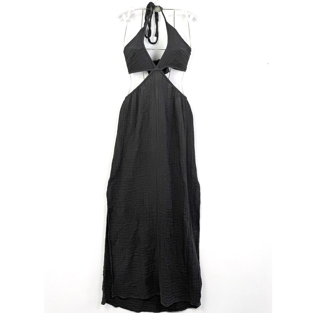 Elan Black Gauze Halter Cutout Maxi Dress OG5746 Large Cotton Boho Open Back